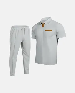 Detailed macro view of men's grey waffle knit polo shirt and matching joggers set