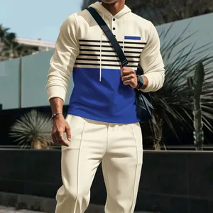 Detailed view of men's casual waffle knit color-block hoodie and matching pants set