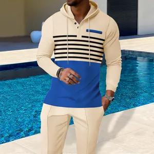 Men's Casual Waffle Knit Hoodie And Bottoms Top And Bottom Pullover Sweatshirt Splicing Long Pants Sportswear Suit