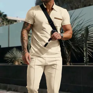Men's beige summer waffle knit two-piece set featuring short-sleeve polo and pants