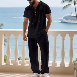 Men's minimalist black linen casual hooded Henley shirt and long pants 2-piece set