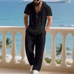 Men's casual black linen set with hooded short sleeve Henley shirt and loose trousers