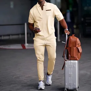 Men's summer waffle knit casual short sleeve polo and pants set in beige for travel