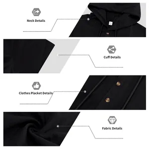 Detailed views of black linen hooded Henley shirt neck, cuff and fabric texture closeup