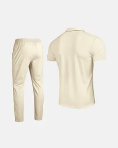 Back view of men's beige waffle knit polo shirt and matching casual pants set