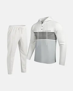 Stylish men's two-piece waffle knit hoodie and joggers set with color-block stripes.