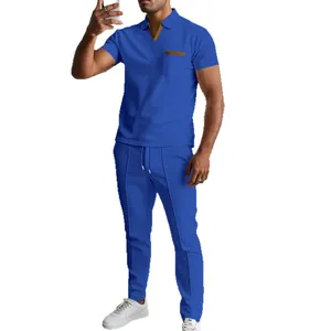 Stylish men's blue waffle knit short sleeve polo shirt and matching pants summer leisure set