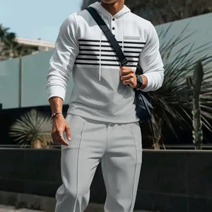Men's grey waffle knit hoodie tracksuit set with black stripes for casual outdoor wear