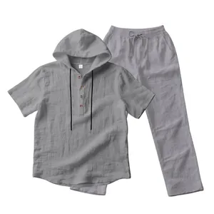 Detail view of men's grey linen casual hooded Henley shirt and matching pants set