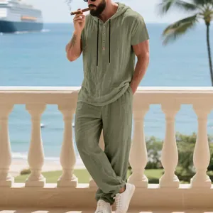 Men's olive green linen casual hooded Henley shirt and pants set for beach resort style