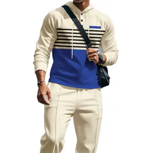 Men's casual waffle knit hoodie and pants set with blue and black color blocking