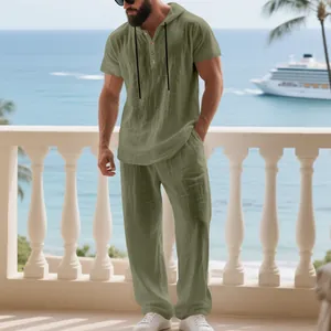 Men's olive green linen hooded Henley shirt and matching pants set for casual vacations