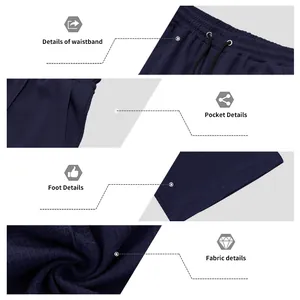 Close-up details of waistband, pocket, and waffle knit fabric of navy casual pants