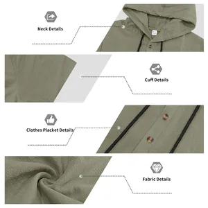 Detail view of men's olive green linen hooded Henley shirt showing fabric and buttons.