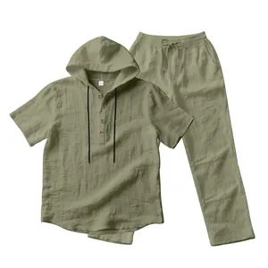 Men's sage green linen-blend hooded short sleeve Henley shirt and casual pants set.