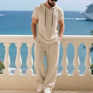 Men's casual linen two-piece set featuring a hooded Henley shirt and loose trousers