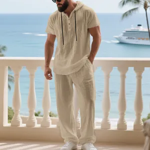 Men's khaki linen-like two-piece set with hooded Henley shirt and loose pants