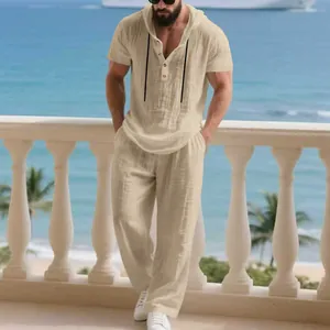 Men's khaki linen two-piece set with short sleeve hooded Henley shirt and loose trousers