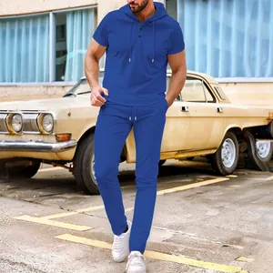 Men's Waffle Knit Hooded Short Sleeve Top And Bottom Casual Sporty Two Piece Tracksuit Set For Summer Streetwear