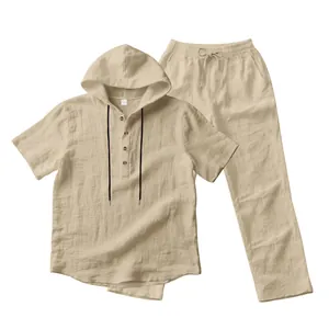 Men's casual linen set with hooded short sleeve Henley shirt and long pants