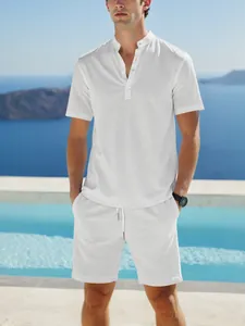 Men's summer white cotton linen Henley shirt and shorts set for casual outdoor wear