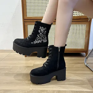 Damen Plateau Martin Boots Wildlederimitat Rose Stern Bestickt Seitlicher Reißverschluss Blockabsatz Schnürung Mode Winterstiefel