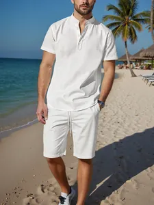 Men's white cotton linen Henley shirt and shorts set shown in a tropical beach setting
