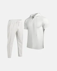 Full detail view of men's white waffle knit short sleeve hoodie and pants set