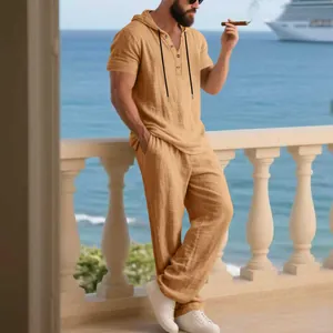 Men's khaki linen hooded Henley short sleeve shirt and long pants set for summer vacation