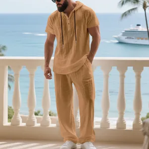 Men's camel linen two-piece set featuring hooded Henley short sleeve shirt and trousers