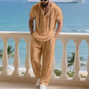 Men's khaki linen hooded Henley shirt and long pants set for beach leisure wear