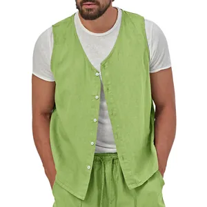 Close-up detail of a men's casual lightweight green linen vest featuring white buttons