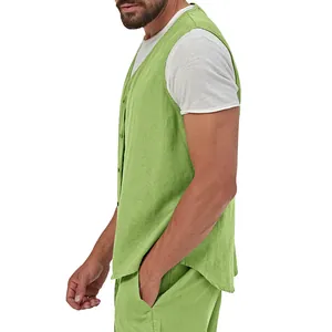 Detail side view of men's casual green linen vest featuring buttons and side pockets.