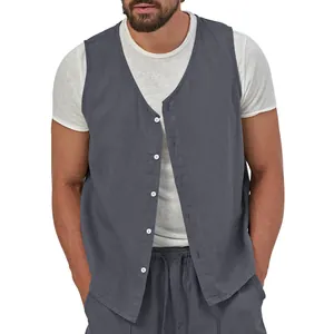 Close-up of men's casual dark grey summer linen vest featuring white button details