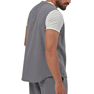Back side view of a grey linen men's waistcoat detailing the thin summer fabric