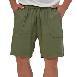 Detailed texture of men's olive green cotton linen shorts with front pockets