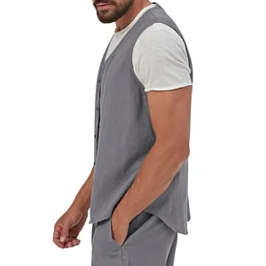 Detailed side view of mens grey linen vest showing button details and fabric texture