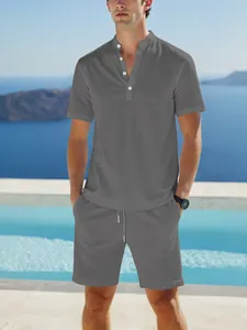 Men's casual grey cotton-linen short-sleeve Henley shirt and matching shorts set by pool