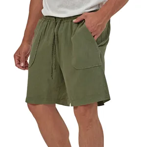Detailed view of olive green cotton-linen men's casual shorts with drawstring waist