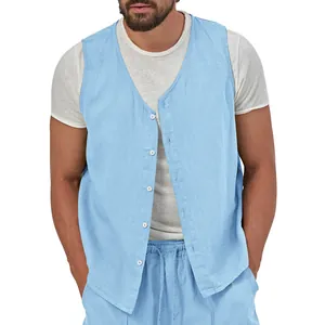 Close-up view of light blue men's breathable linen vest with stylish button closure