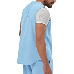 Men's light blue casual linen vest shown from a back side view with natural texture