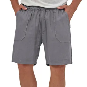 Close-up of grey cotton linen casual shorts with drawstring and patch pockets