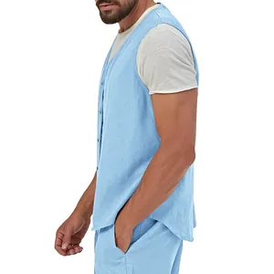 Side view detail of a men's light blue casual linen vest with button closure