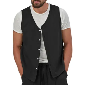 Detailed view of a men's casual black linen vest with buttons for summer style