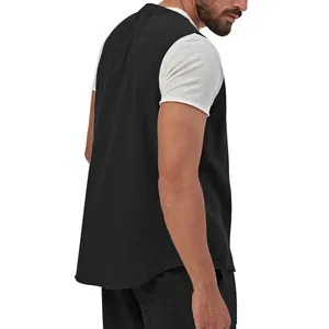 Detailed side profile of a men's black linen sleeveless vest for casual summer wear.