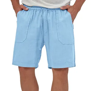 Close-up of light blue cotton linen casual shorts for men with drawstring waist