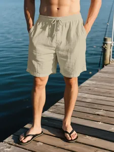 Pantalones cortos de lino para hombre, estilo playa en color caqui con cordón
