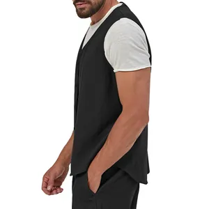 Side view of men's black linen vest with button-down detail and natural texture