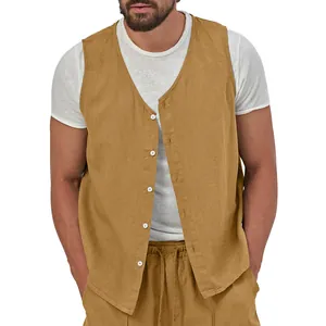 Close-up detail shot of a men's mustard yellow linen vest with white buttons on a model.