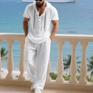Men's Linen Blend Casual Suit Set Hooded Short Sleeve Henley Top And Bottom American Minimalist Summer Beach Vacation Outfit